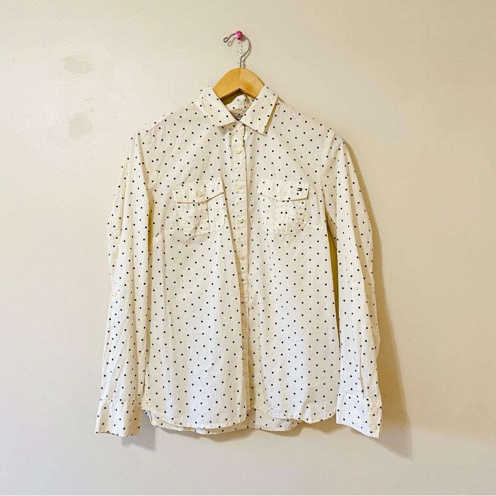 Tommy Hilfiger Polka Dot Shirt Long Sleeve Button Down Cream Black Medium